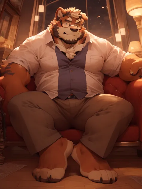 Unique, perfect burgundy eyes,  Bernese Mountain Dog, mature face, shirtless, Wearing gold-framed glasses, fatty, sitting on the couch, shy expression, introversion, housewife, fofo,  cozy environment, , barefoot, artist:Takemoto Arashi, por zixiong, por n...