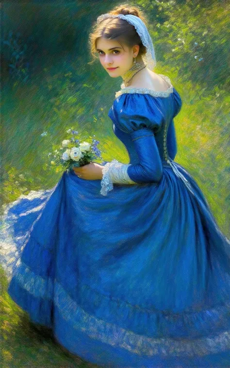 Generate image of a young 19th century woman in love in blue dress image,: Auguste Renoir style oil painting style