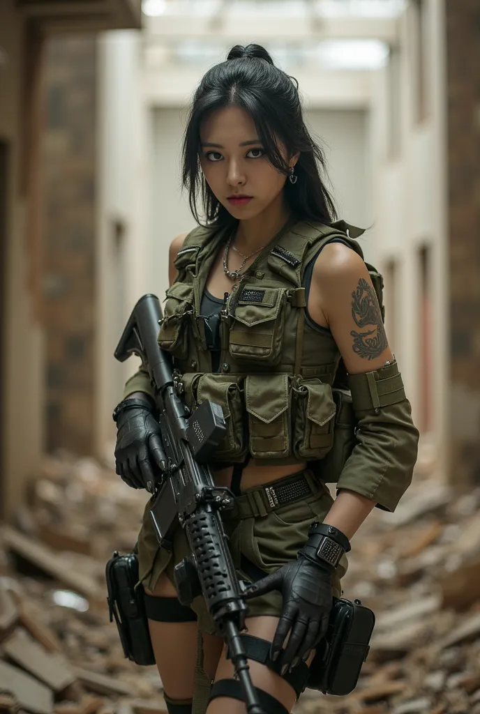 y0na,8k, Realistic photos, Realistic skin texture, Beautiful Japanese women serving in the US military、Inside a building strewn with rubble、get attacked、Resist and try to escape、Collapsed wall、Automatic rifle、Bulletproof vest、Back back、boots、Covered in sca...