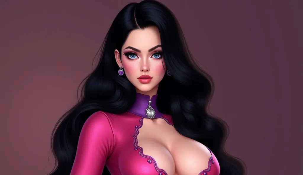  beautiful character Bianca Dupree with long black hair,  unfriendly look ,blasê , usando dress longo transpassado rosa,  with purple neckline ,  long sleeve headlight , low-cut v.,  Blue Eyes,  long hair, dress, jewelry, collar,  black hair, toys,  Blue E...