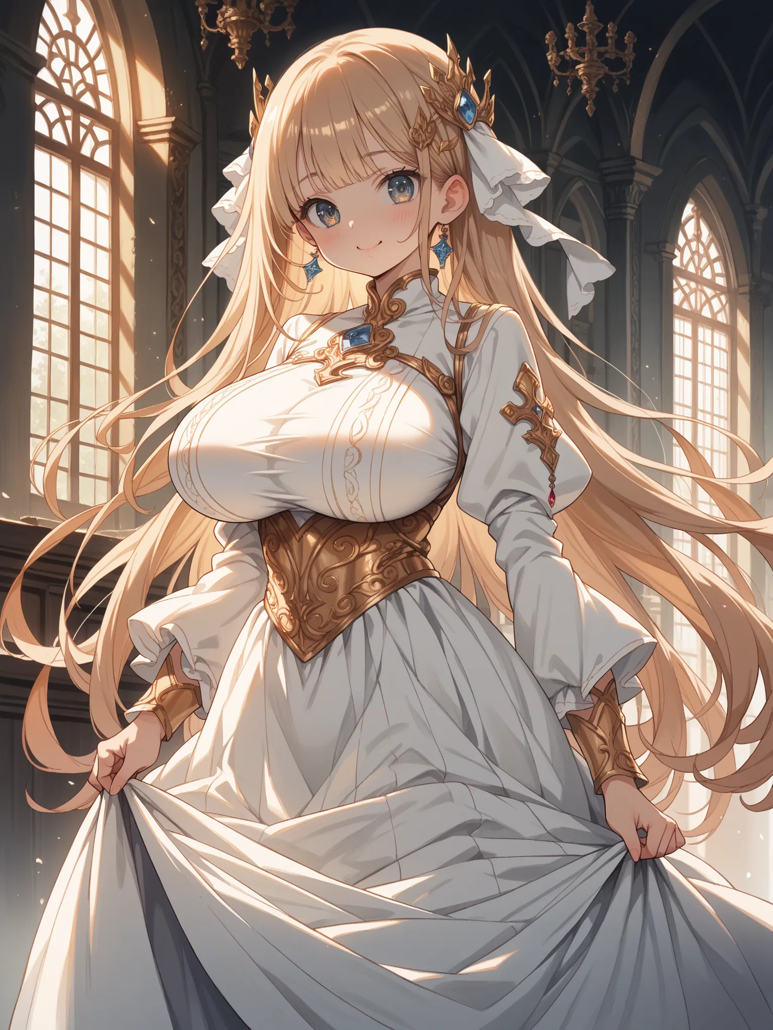 (anime, 2d:1.4), (hard-edged, thin outline, clear shadow edge), royal princess, loli big tits, large expressive eyes, detailed skin texture, light skin, blushing cheeks, sofit smile, detailed very long hair, hair ornament, huge breasts, big waist, obscene ...