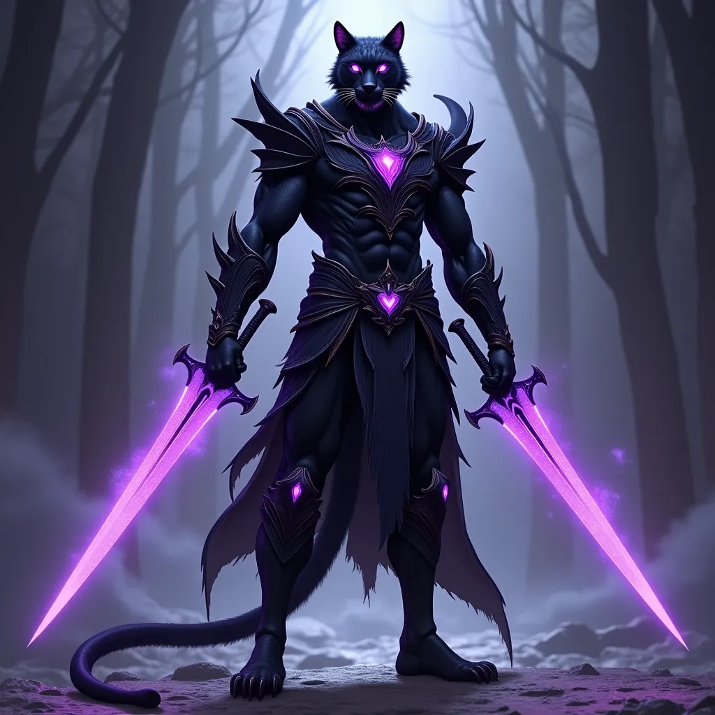 Celestial Cat God. Full black fur panther -human male hybrid with v-shaped torso lanky muscular body builder with narrow waist and well rounded buttocks and really long legs and long tail. 7’ tall. A feline tiger nose and mouth. large neon tiger eyes. Long...