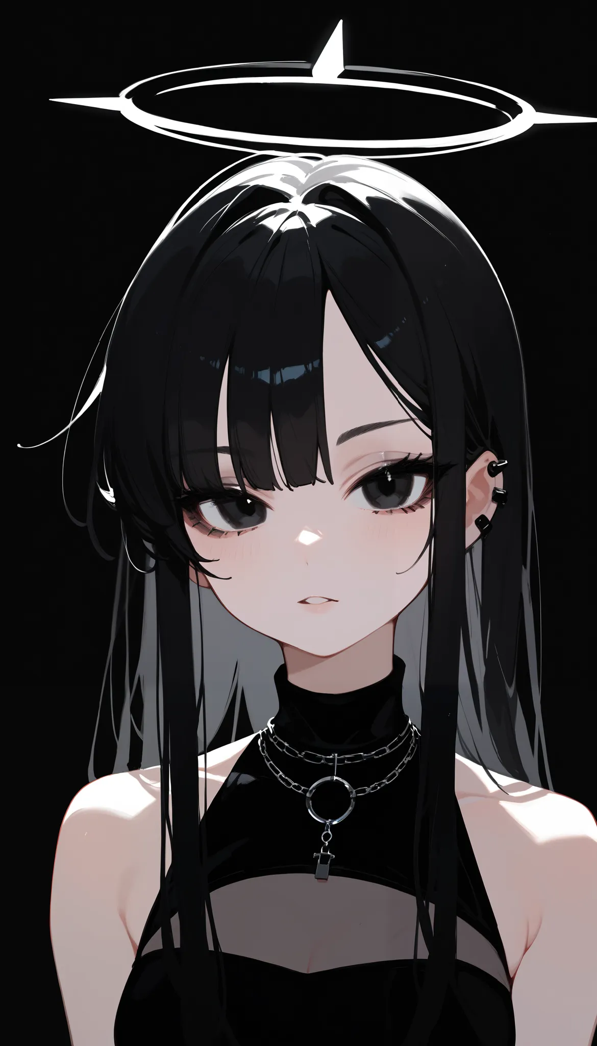 1girl, Goth Girl, black hair, black eye, black halo, long hair