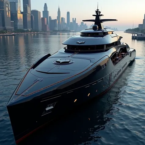 **Batman-themed yacht** – A stealthy black mega yacht with sharp edges, bat symbol on the front, and a high-tech Gotham-inspired design.