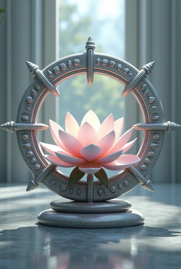 Make a silver dharma wheel with a lotus flower in the center of the wheel, not anime style.