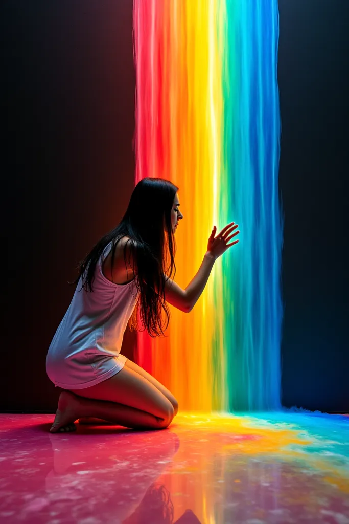 "A surreal and artistic scene where a young woman with long, flowing hair is interacting with a vibrant, rainbow-colored liquid that appears to be streaming down a dark wall. The person is positioned on their knees, leaning against the wall, with their han...