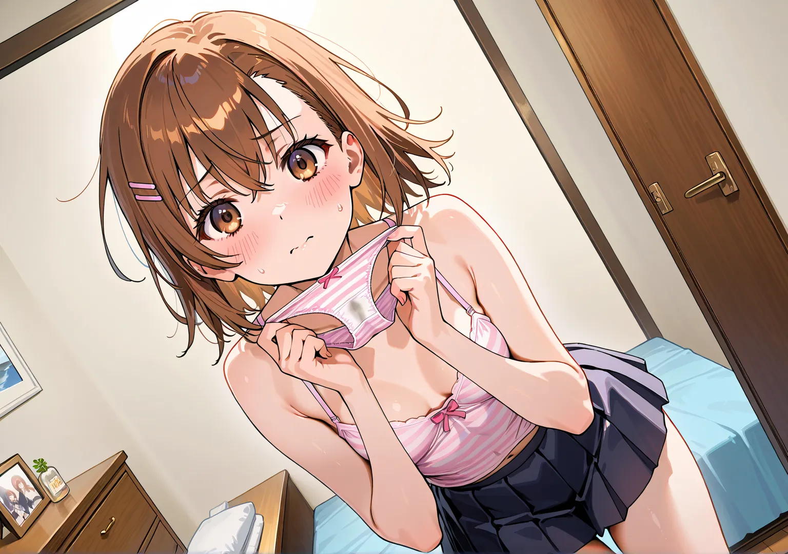 Beautiful Girl、Misaka Mikoto、pleated skirt、blush、 girly room、chest of drawers、chest of drawersの引き出しが開いている、chest of drawersの中には下着、panties in hand、holding panties with both hands、steam from panties、chest of drawersが開いてる、shows off her panties、Crotch、panties c...