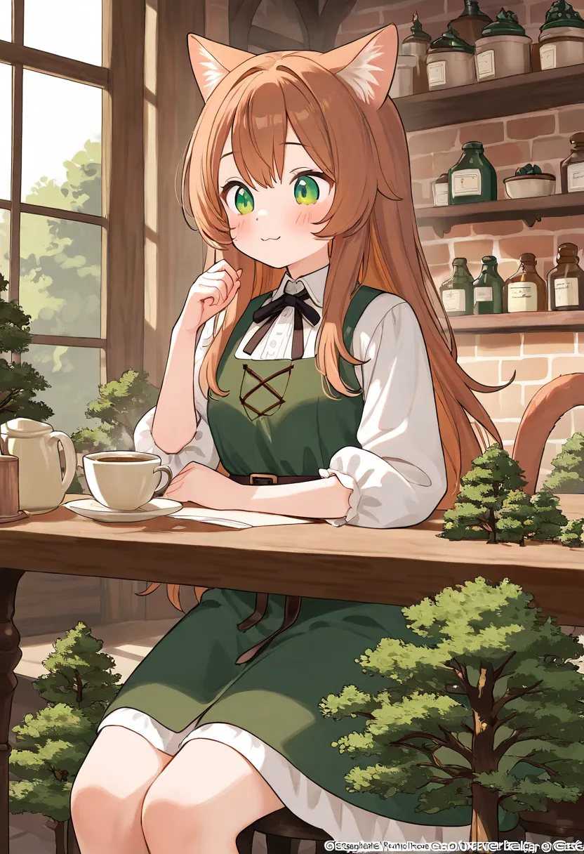 cute catgirl in a cafe, woman, (macro size: 1.2), medieval, fantasy