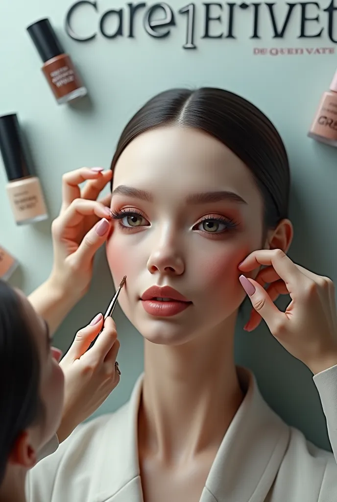 A team of miniature makeup artists and hairdressers ultra-realistic, dressed in meticulously detailed uniforms, are performing precise makeup on the giant face of a model . Some are combing and brushing their hair, while others are adjusting their hairstyl...