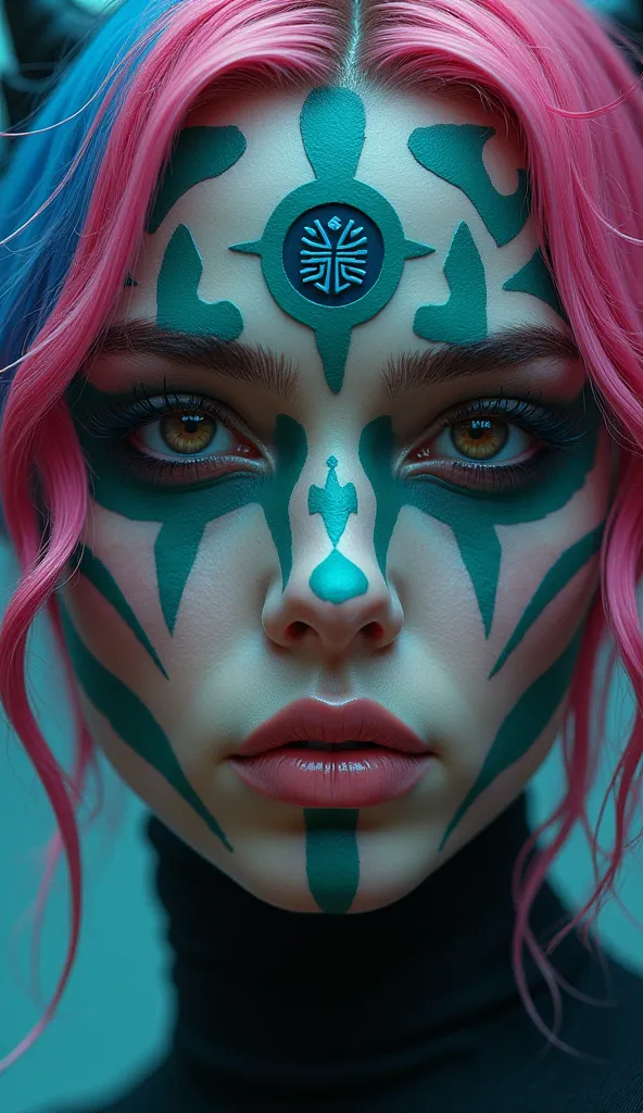 woman with an intense and stylized appearance, probably inspired by high-quality digital art. The face is painted with a blue and green pattern, pattern that recalls Darth Maul's iconic makeup from Star Wars. she has piercing eyes,  that give an intense ex...