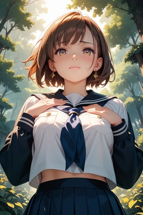 (high res 8K), (high aesthetic), 1 girl, 20 years old , standing, hands on chest, half body, low angle, school uniform, serafuku, earrings, head phone, short hair, brown hair, embarrassed, erotic expression, looking at viewer, in the middle of forest, gold...