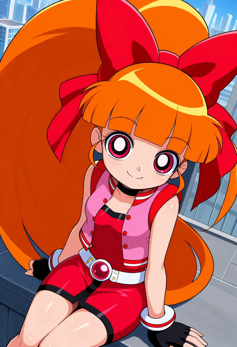 akazutsumi momoko, 1girl, solo, long hair, red eyes, blunt bangs, orange hair, ponytail, red bow, fingerless gloves, skirt, pink vest, red dress, sexy body, small breasts, wide hips, Orange Hair, very Long Hair, ponytail Hair, pink eyes, sexy legs, smile, ...