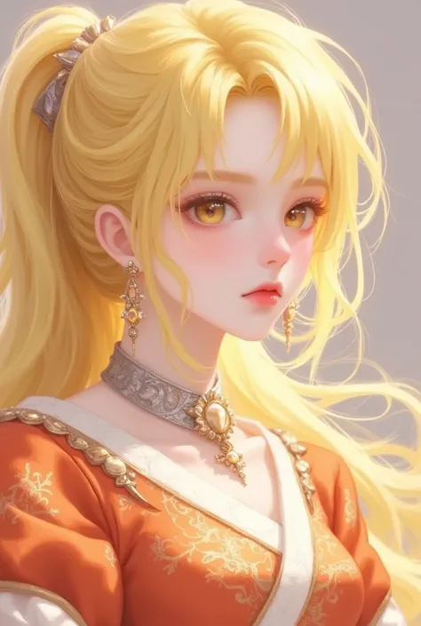 1 girl, bright yellow hair in ponytail, bangs, amber eyes, wearing martial arts style orange and red clothes, absurdres, hightres, ultra sharp, 8k, masterpiece, looking at viewer, anime, face front towards viewer, fantasy background, no earrings