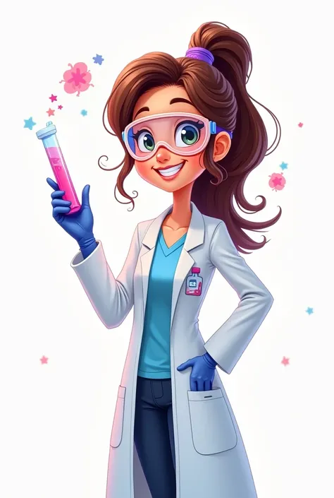 A cartoon female clinical scientist who has a pipette in her hand With a white background and less realistic