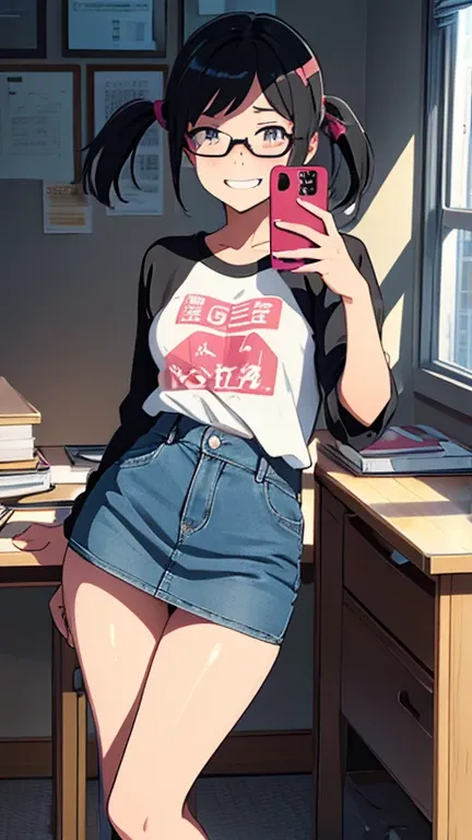 (   Super Flats  , flat shading )， fisheye lens ，   student council president   ， naked in the heat，Really blushing，sweat，surely:私teeth激しく来た  :1.2，， Stand on the ground、teeth、low denim miniskirt in front of me printed in sexy poses using accurate and detai...