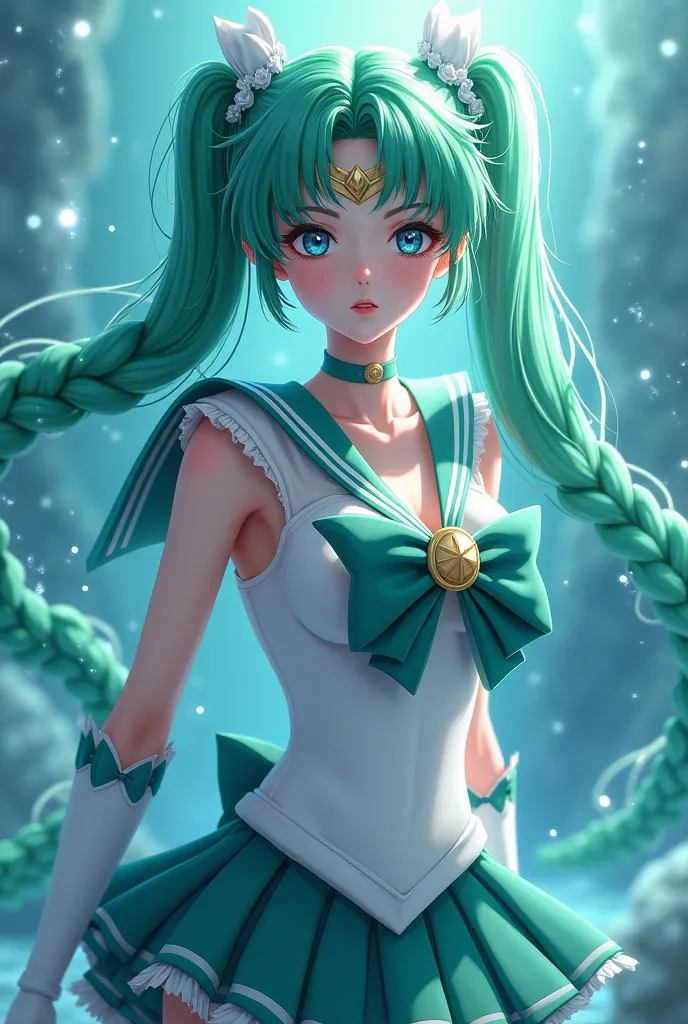  Sailor Neptuno Long hair, green hair, Two braids,  Doble bollo, big breasts, blue eyes, Ribbon for hair,  illustration,  3D, 