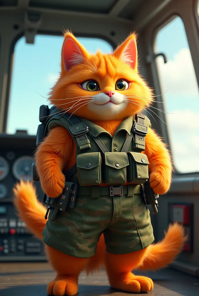 Big fat orange cat wearing cool military outfit on helicopter background inside helicopter cute 3d cartoon