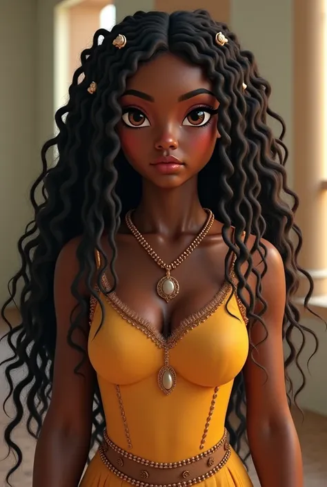 king/Negra
She has long curly hair around the waist
Amber eye color 
Scars all over the body but the face
A white lock in the hair
A braid in the hair sometimes 
She wears gloves 
She wears light clothes with calm colors 
He is the daughter of a black man ...