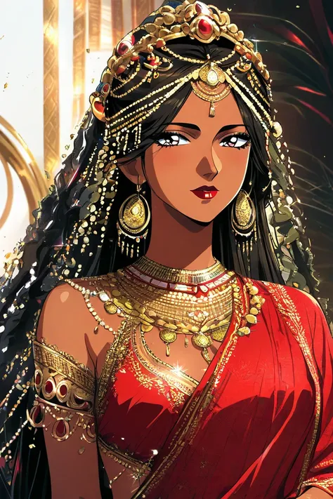 Indian woman, bride, brown skin, exquisite red saree, golden embroidery, golden jewelry, nose golden ring piercing, red choli, lots of jewellery, red lipstick, black seaweed hair, 90s anime, ethereal, closeup, absurdly long hair, black eyeliner, most beaut...