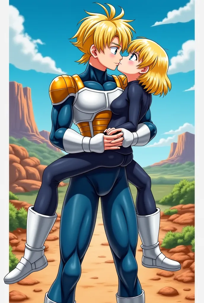 Android 18 from dragon ball carries bulma from dragon ball with a front piggy and kisses at the same time 