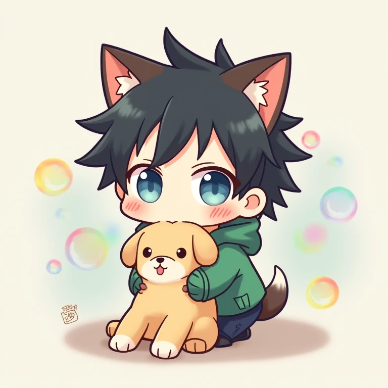  dog earの男の子,  dog ear, black spiky hair、Blue eyes blue eyes blue eyes、green hoodie hoodie green、 figure holding a big stuffed dog, illustrations,  cute cute cute , background is rainbow soap bubbles、nyaruko-san,  chibi!!!  Neferpitot,  chibi,  maple story...