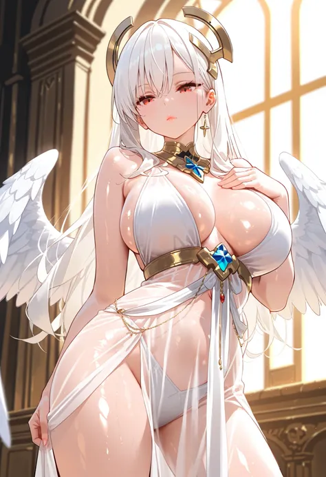 1girl ,shiny skin,seductive face,expressionless,,looking down,,,eyelashes,lips gloss,red eyes,white hair,long hair ,large breasts,beautifully shaped breasts,goddess costume,see-through dress,standing,contrapposto,hand on chest,,wings head gear ,,,ruins,,,(...