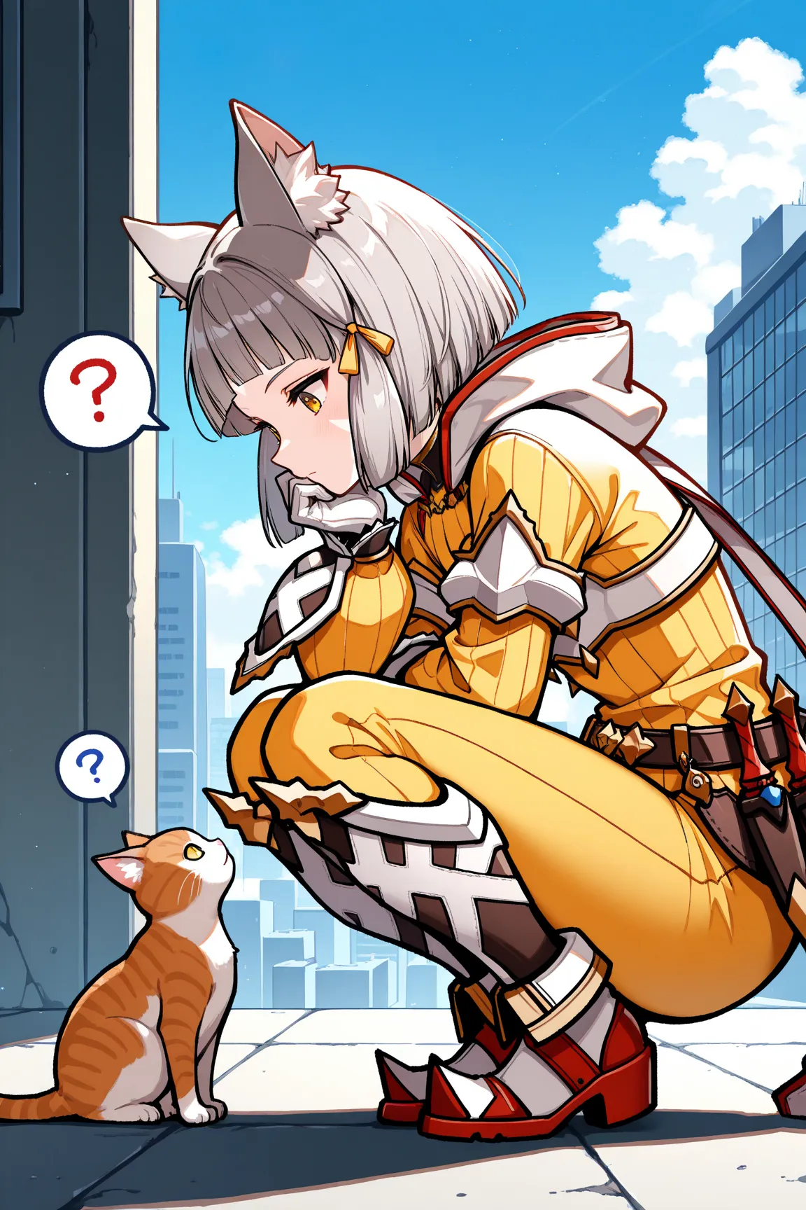 masterpiece, best quality, 1girl, solo, xc2N1a, cat ears, grey hair, short hair, blunt bangs, facial mark, hair ribbon, yellow bodysuit, long sleeves, belt, white gloves, boots, squatting, looking at cat, looking down, from side, cat, hand on own chin, spo...