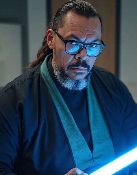 Capture the essence of a Jedi Knight in this cinematic photo:Jedi Attire: half-body portrait of a man wearing glasses, long Lumberjack beard and long hair, with a determined expression, is dressed in a sleek black Jedi uniform with a teal collar, represent...