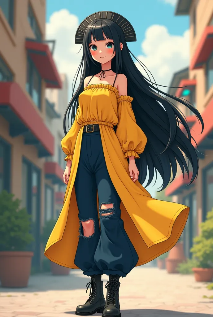 A 19 year old girl has a flat head in a fan shape , has black long hair ,wears a yellow dress or abaya on a navy  pants that have cuts on it ,wears a havana boots ,she is cute in anime style 