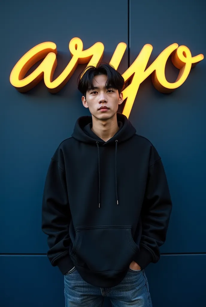 Create a hyper realistic image of a young korea handsome man with black hair standing, with shiny vibrant BLACK hoodie with black jeans pant, leaning on a deep navy blue wall. on the wall written "ARYO" glossy shiny vibrant golden 3D giant cursive font ult...