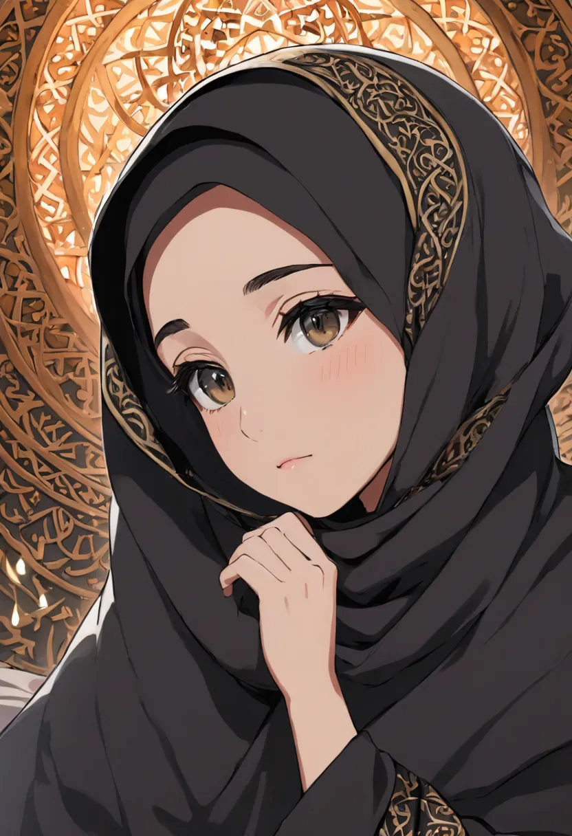 Create an impressive anime-style artwork that includes a detailed close-up of the face of a 20-year-old woman, outlined with black eyeliner, thick eyeliner, covered with a black cloak and a hijab. It is surrounded by, She sits in a beautiful room, raises h...