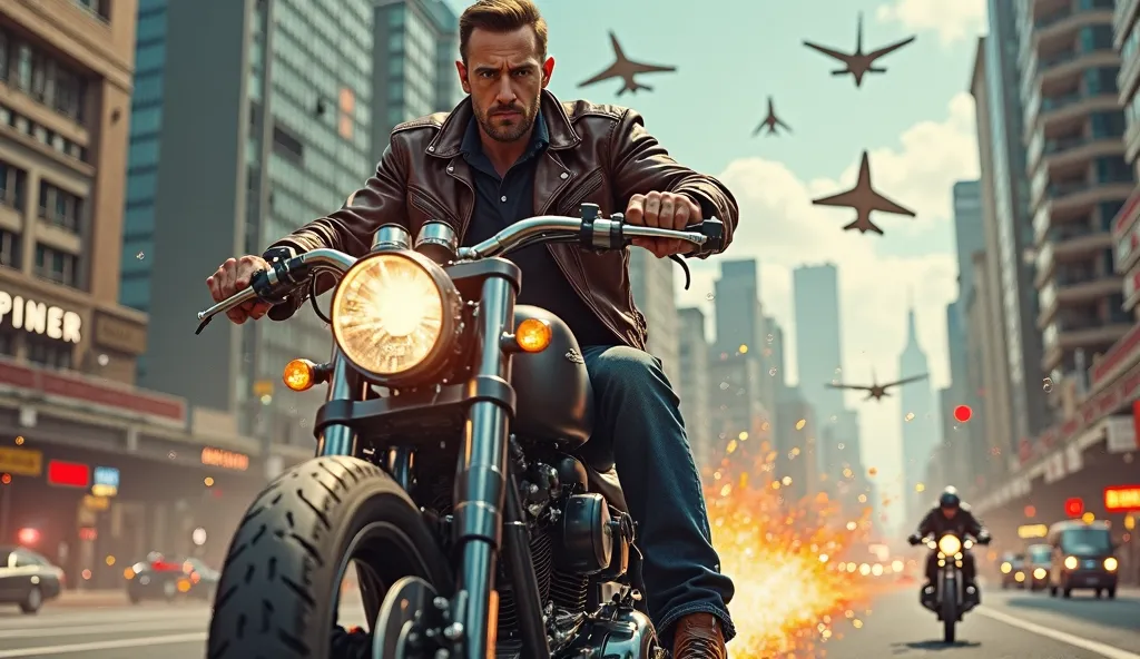 Action movie style,A man in a leather jacket and jeans is riding a motorcycle on the street.Jets fly in the sky. hyperreallistic