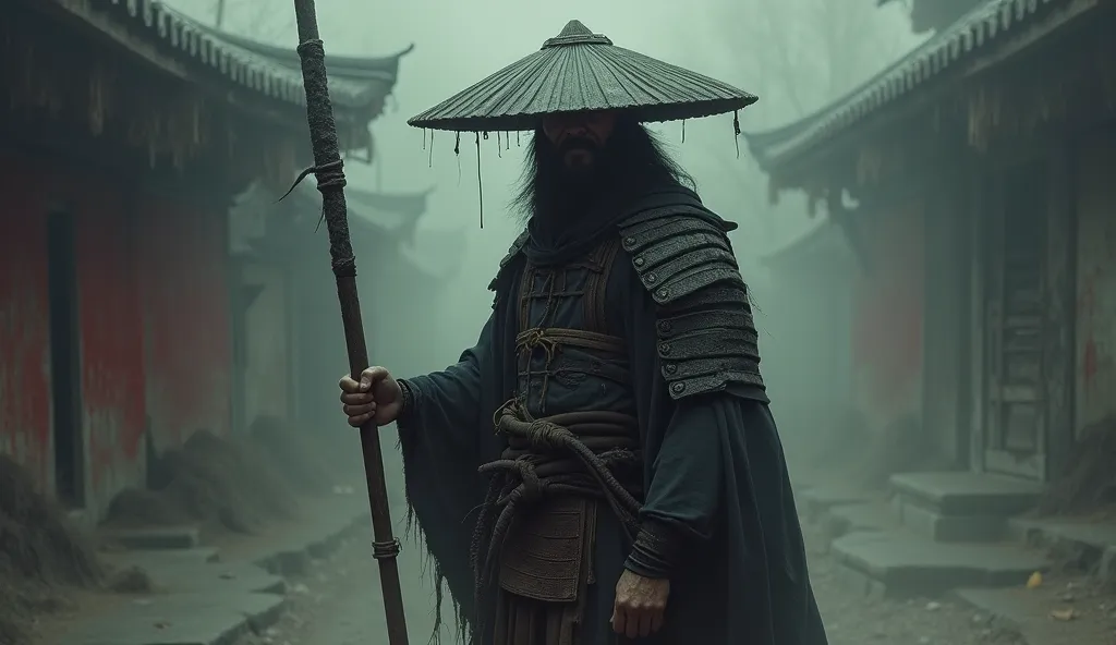 a samurai wearing a dark hat, staff in hand, corrupted by evil forces, highly detailed, digital painting, intricate details, dramatic lighting, muted color palette, dark and gritty atmosphere, masterpiece, ultra-detailed, realistic, HDR, sharp focus, physi...