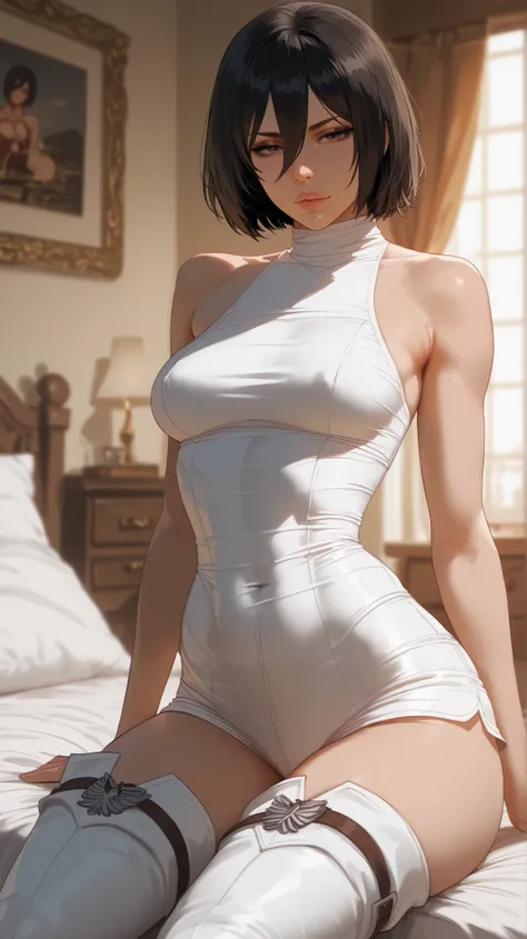  perfect eyes , perfectly sexy face, style, looking at the spectator, mikasa Ackerman, wide hips, shorts, thigh boots, short top, apenas_shoulder,  in the bedroom, night, sitting,