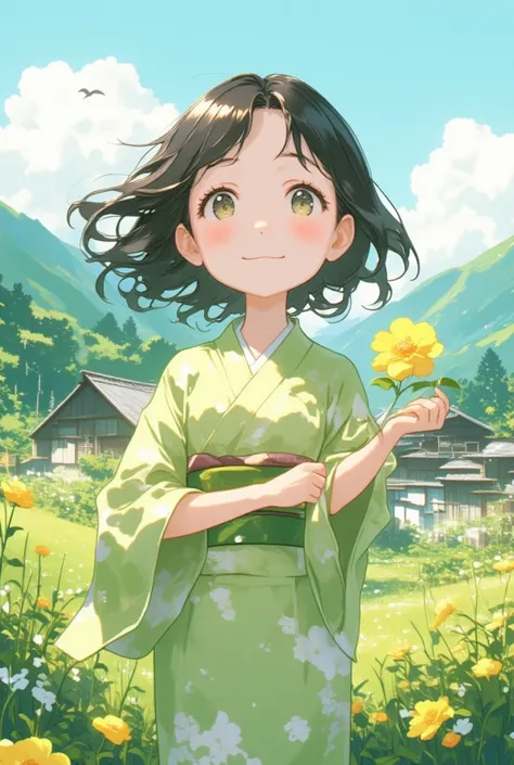 close up face, chibi, deformed, In a quiet mountain village, a girl dressed in a simple kimono stands holding a yamabuki (Japanese rose) flower. Her kimono is plain yet elegant, blending seamlessly into the natural surroundings. Wildflowers bloom at her fe...