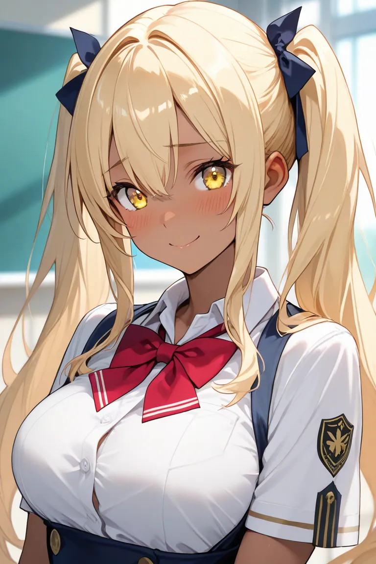 dark skin girl,blond long hair,yellow eyes,school, uniform,upper body bust shot, smile,shy,twin tail