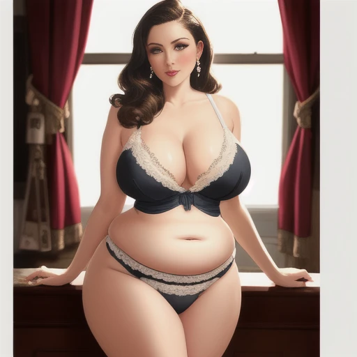 Three-quarter view in an alluring pose, a seductive Irish housewife, fair skin, fair hair, huge boobs, ((sagging boobs)), cellulite, huge thighs, wide hips, full buttocks, narrow waist, chubby, voluptuous, curvy, (((matronly))), wearing a nightgown, tradit...