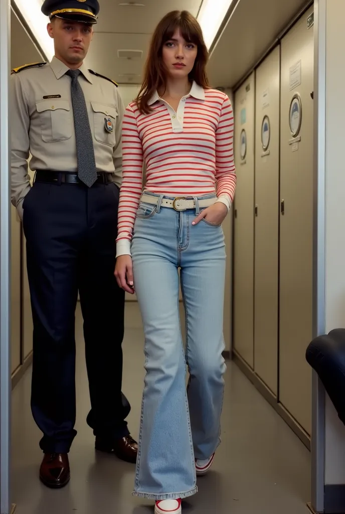 (photorealism:1.2), caucasian 20's pretty woman, traveling in a train, Walking down the train aisle to the train toilets. wearing Pale red and white thick striped long sleeved 70's large open white collar polo shirt, pale blue super flared jeans, red conve...