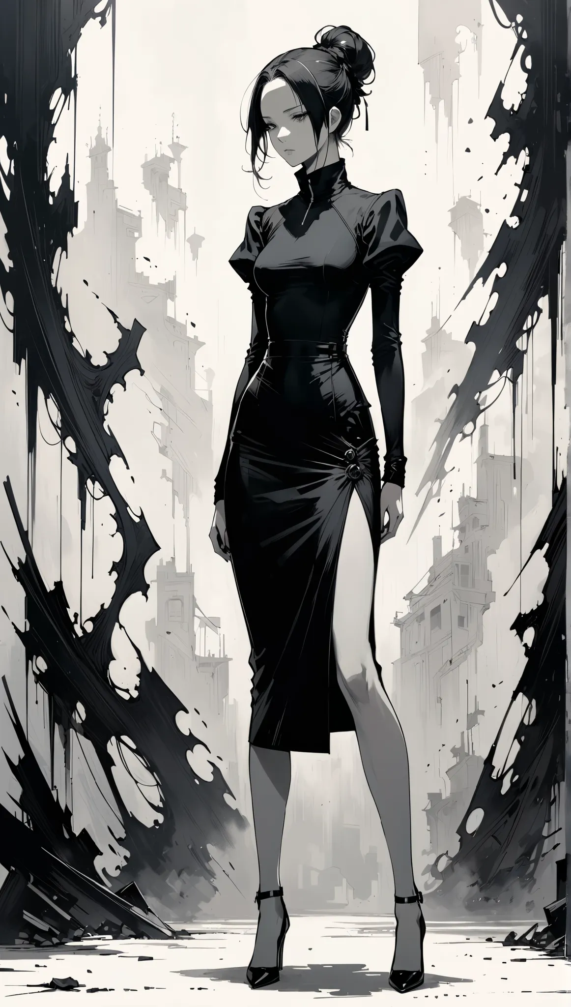 in style of Ashley Wood,(in style of Santiago Caruso:1.1),
1girl,(underboob cutout:1.3)，low-tied hair,black high-neck bodycon dress,juliet sleeves,hip-wrapping pencil long skirt, monochrome