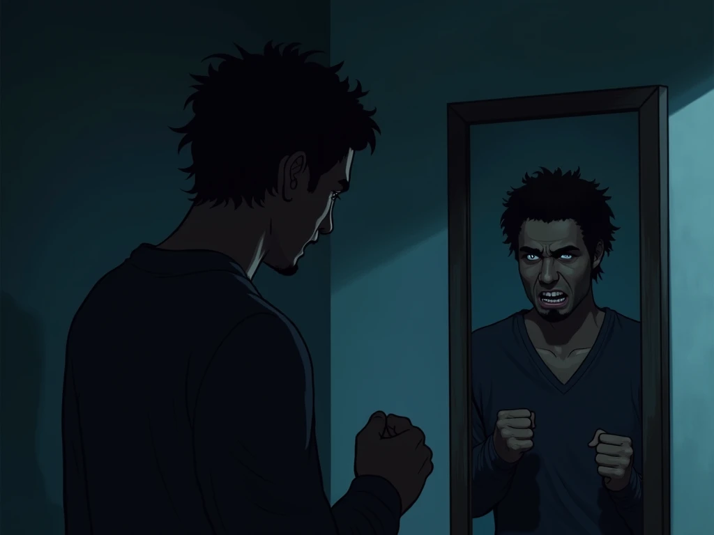  Scene 1 .2: Jimi stands in front of the mirror, with his jaw clenched, his reflection is distorted by shadows
Description for generating:
Jimi stands in front of the mirror в своей тёмной комнате, his hands are clenched into fists, , her jaw is tense . Hi...