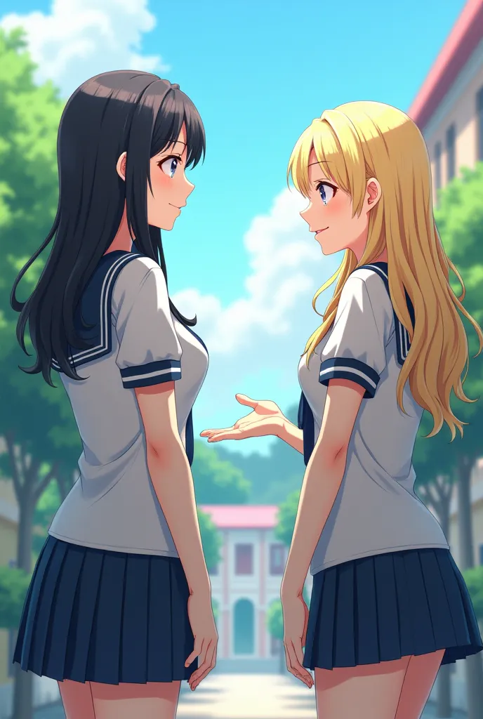 A group of 2 girls in the Okinawan dialect have black hair and blond hair and are wearing uniforms