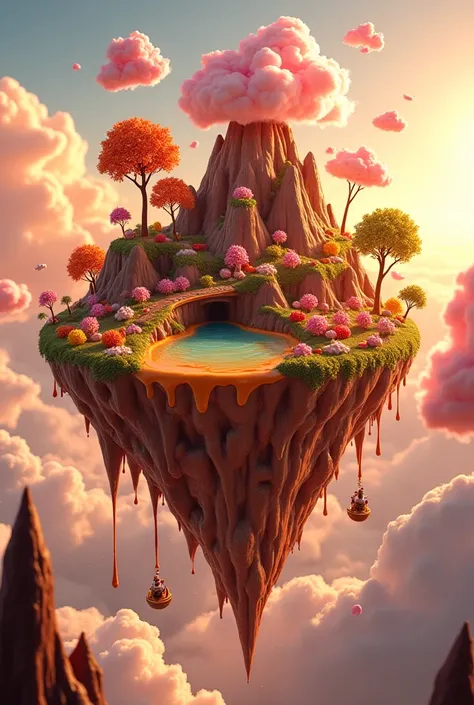 "A mesmerizing floating island made entirely of food, drifting above a glowing twilight sky. The terrain is composed of towering caramel mountains, rivers of rich molten chocolate, and cotton candy clouds. Lush forests with giant jellybean trees and glowin...