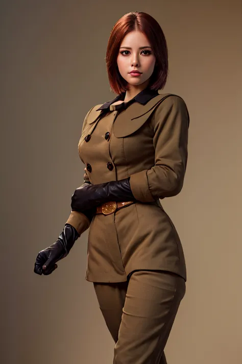 (Best image quality, highest quality, High Resolution, Ultra-Realistic Images, Very detailed, masterpiece, 8k), One Woman, Brown medium hair, military uniform, pants, long gloves, big Breasts, serious look, Dynamic pose, half body, perfect face, perfect bo...