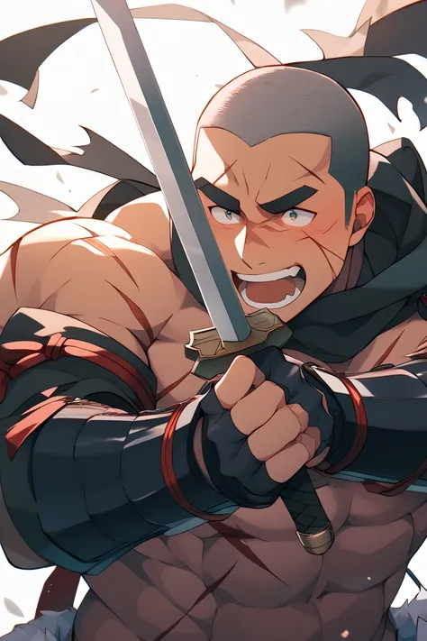 A shaved man with a shaved head is standing dressed as a samurai、Thick eyebrows、Sharp Eyes、Japanese、my muscles are bulging up、has a sword、 upper body naked、I have a lot of cuts on my body、、is sweating、highest quality、full body