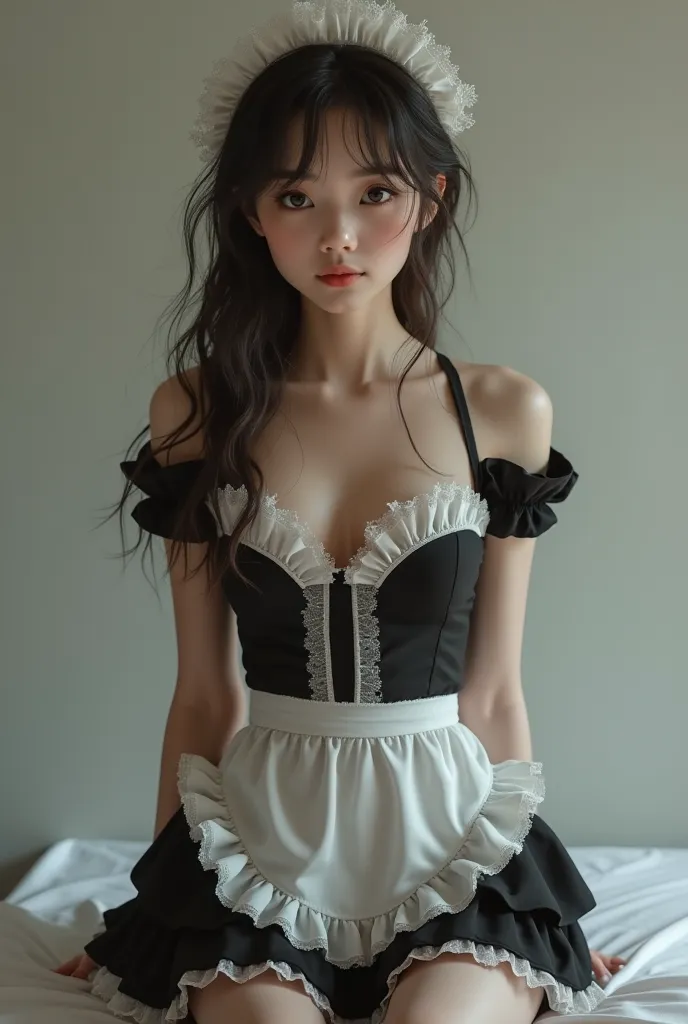 A 16-year-old pre-,  perfect,  hottie, thin, She's wearing a sexy maid outfit.  The image has to be realistic 