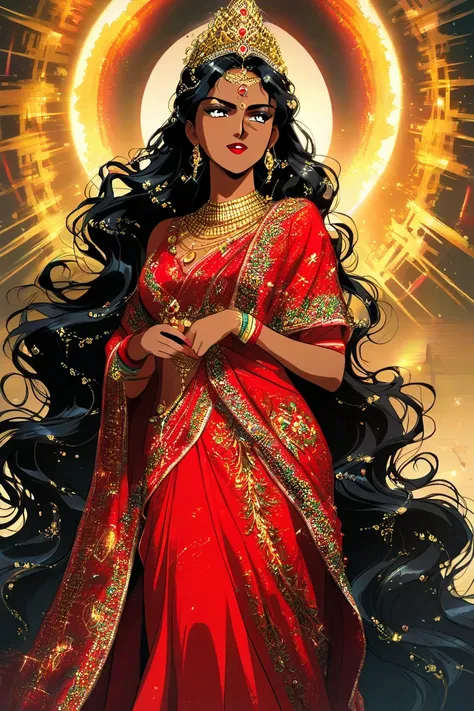 Indian woman, brown skin, exquisite red saree, golden embroidery, golden jewelry, nose golden ring piercing, red choli, lots of jewellery, red lipstick, black wavy hair, 90s anime, ethereal, closeup, absurdly long hair, black eyeliner, most beautiful woman...