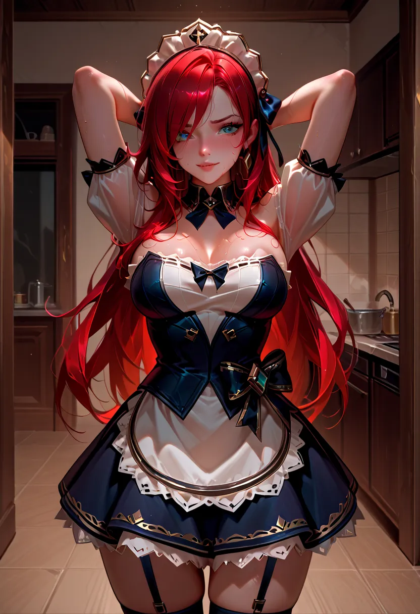 Miss Fortune from the League of Legends game with very big boobs and wearing a French maid dress with a bow on her head in a kitchen and wearing a strapless dress o and looking slutty and blushing with a scary smile and big eyes and sweating because of the...