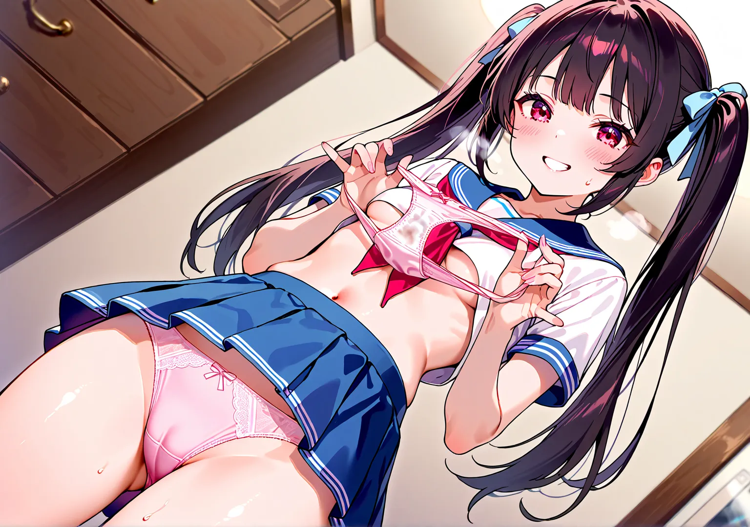 Beautiful Girl、High School Girls、 petite body、small breasts、twin tails、Grin、sailor suit、 girly room、chest of drawers、chest of drawersの引き出しが開いている、chest of drawersの中にはランジェリー、panties in hand、holding panties with both hands、steam from panties、chest of drawersが...