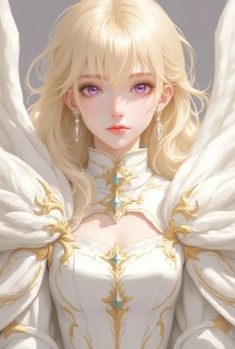 1 girl, gold hair in low ponytail, bangs, purple eyes, wearing white and gold angel armor, absurdres, hightres, ultra sharp, 8k, masterpiece, looking at viewer, anime, face front towards viewer, fantasy background, no earrings