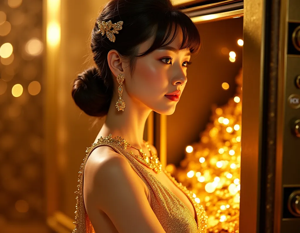 Japanese Pretty Girl,A powerful, graceful, and rich woman, and wears luxurious clothes with golden tones and sparkling details. She is surrounded by symbols of wealth such as gold jewels, Gold bars, and opens a safe full of gold coins. settings are sophist...